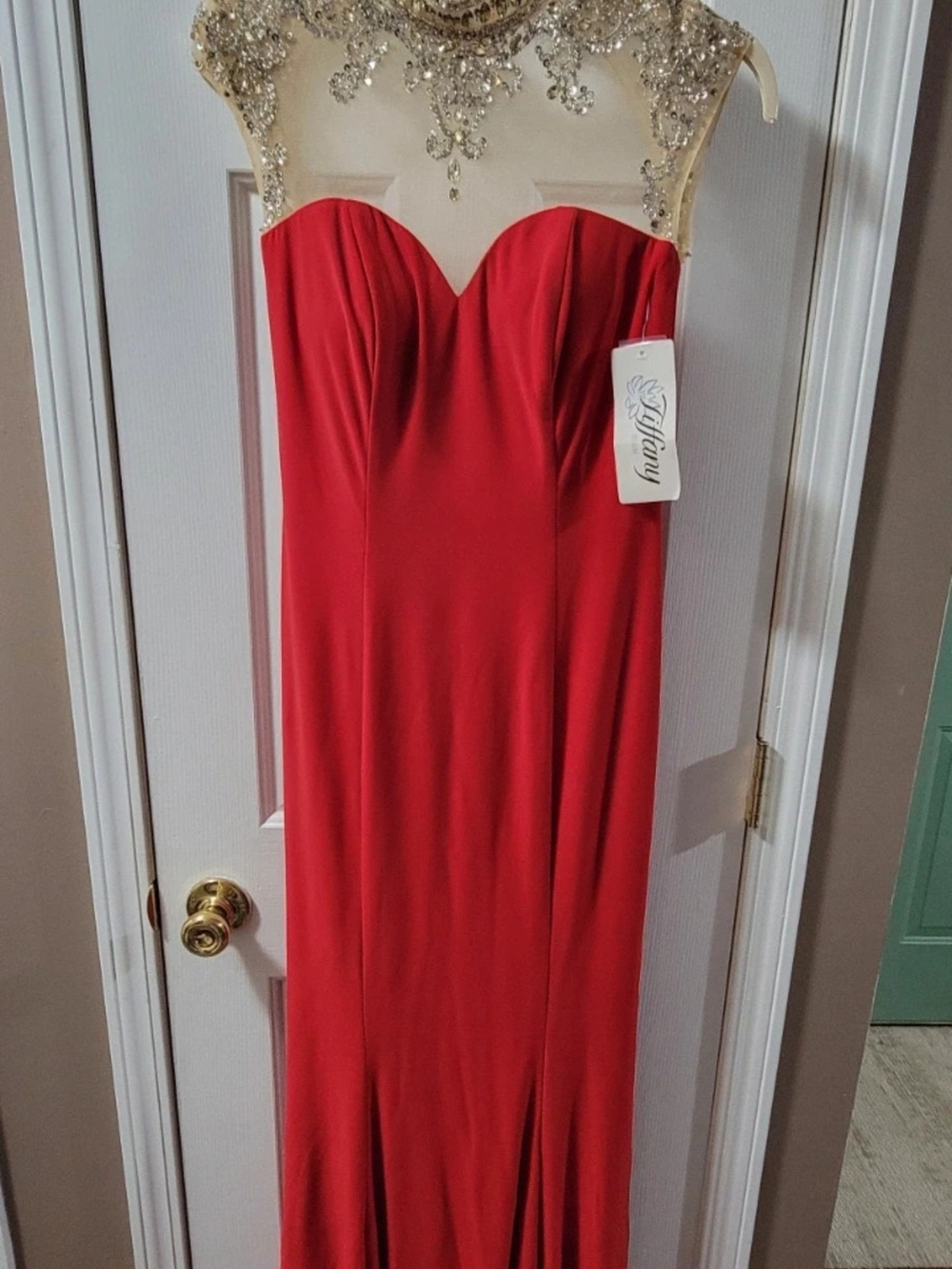 Tiffany & Co. Red Embellished Illusion Neck Evening Gown